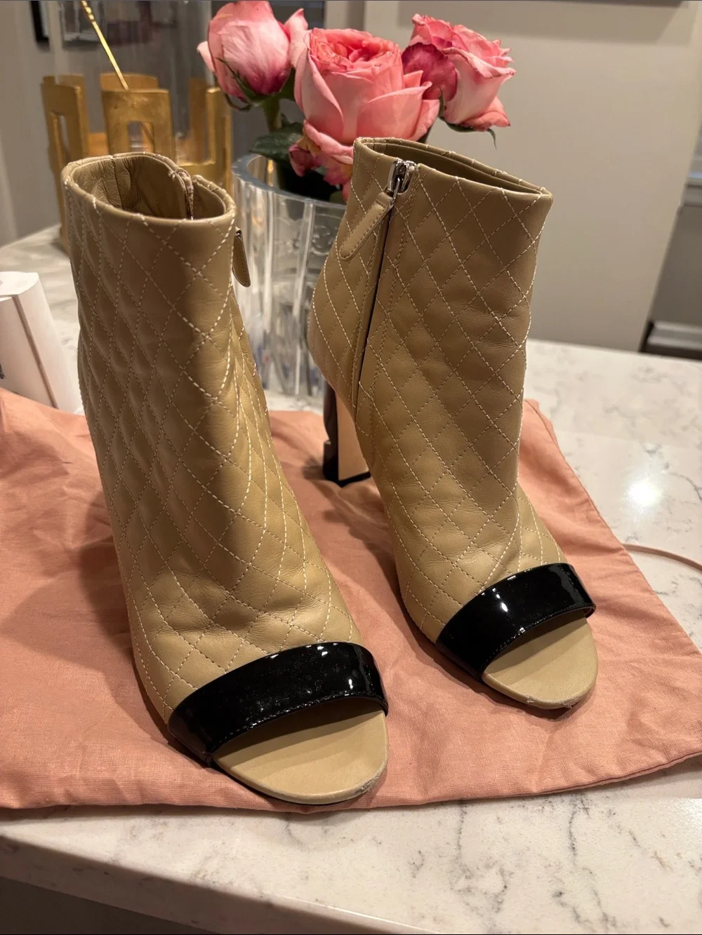 CHANEL Beige Quilted Peep-Toe Ankle Boots with Black Patent Trim